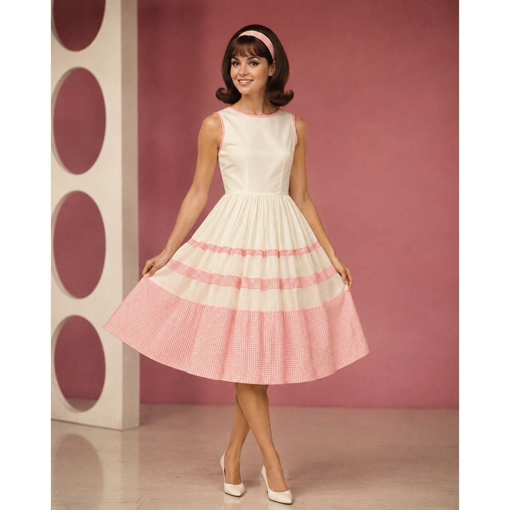 Vintage 50s Pink Gingham Organza Fit and Flare Dress White Sleeveless Midi - Picture 1 of 16